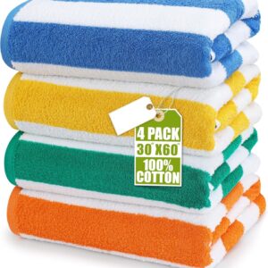 Pack of 4 Oversized Beach Towels, 30 x 60 Inch Cotton Towels with Soft Ring Spun Texture